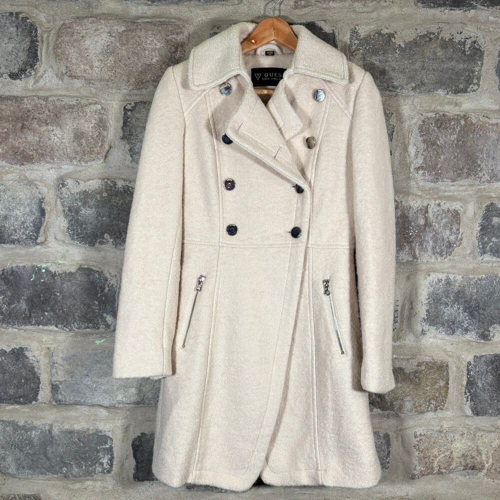 Guess Coat Woman's XS Cream Wool Blend Double Breasted Pea Coat Winter Military